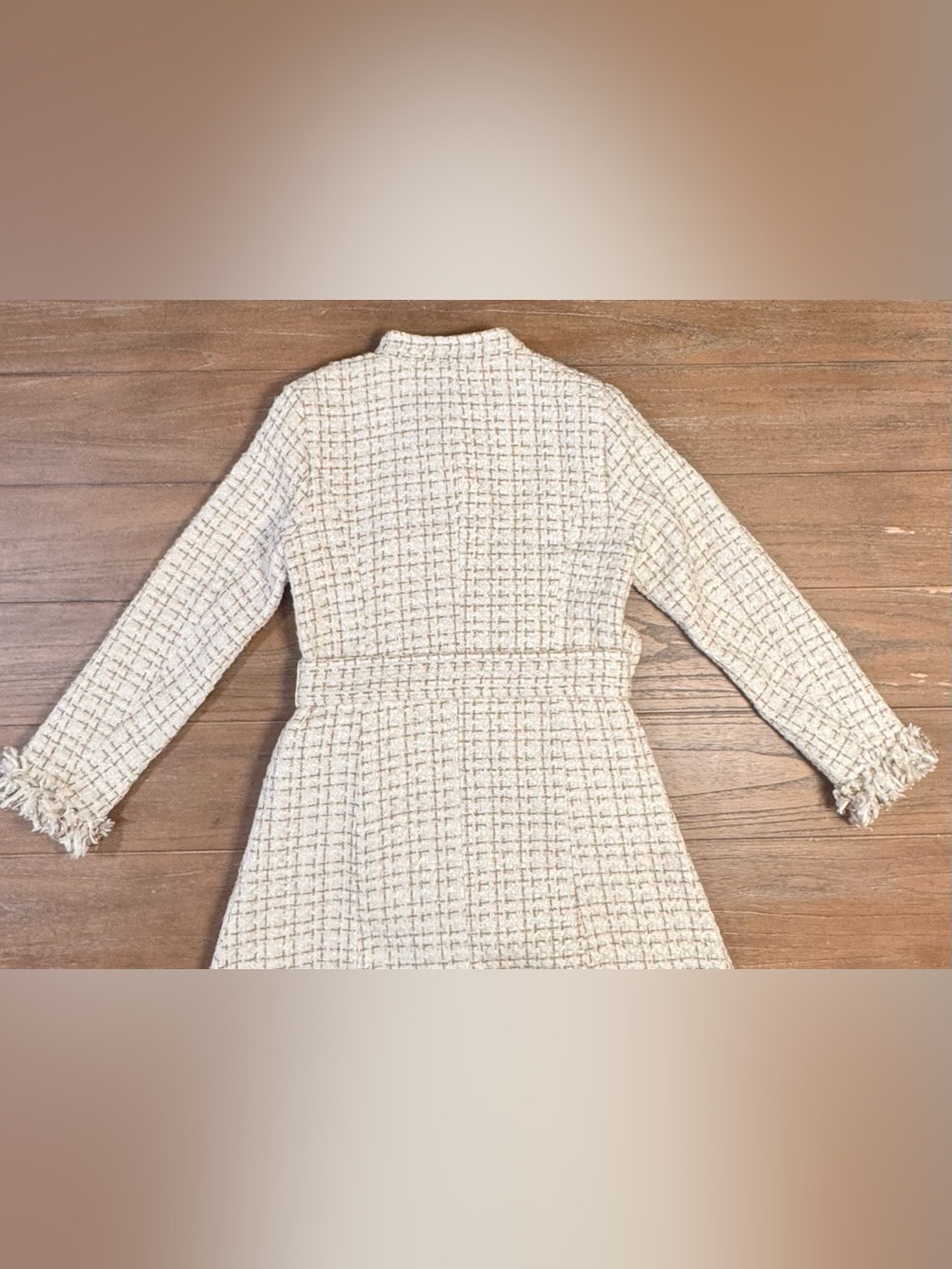 Cream Tweed Belted Long Coat with Fringed Trim #91 - Picture 7 of 9
